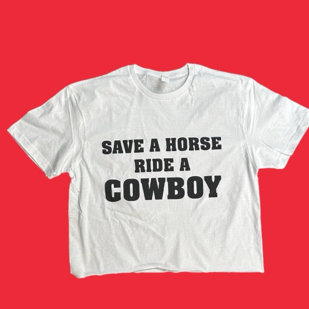 White Graphic T-Shirt with Bold Text Save a Horse